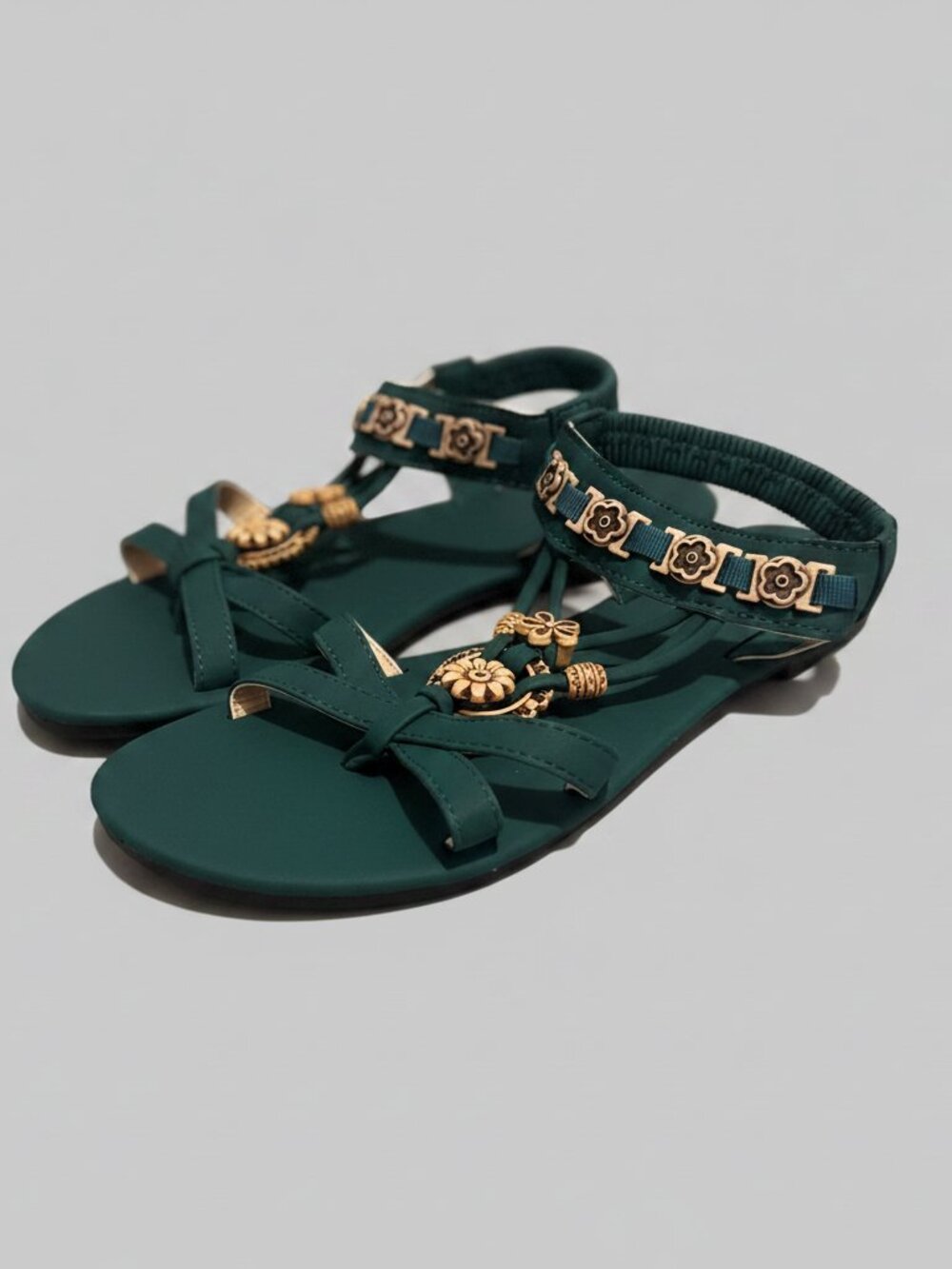 Boho Emerald Green Embellished T-Strap Sandals - Size 9 - Picture 2 of 3